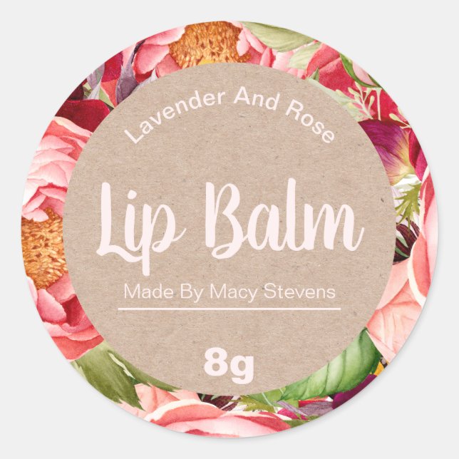 Pretty Pink Peonies On Kraft Lip Balm Pot Labels (Front)