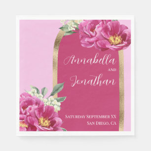 Pretty Pink Peonies with Gold on Pink Wedding Napkin