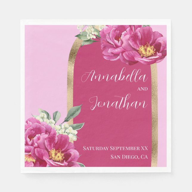 Pretty Pink Peonies with Gold on Pink Wedding Napkin (Front)