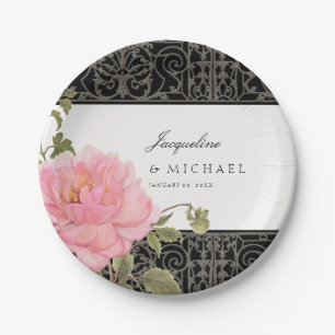 Pretty Pink Peony Classy Swirl Scroll Iron Fence Paper Plate