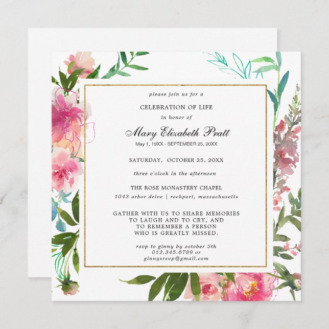 Pretty Pink Peony Floral Celebration of Life Invitation (Front/Back)
