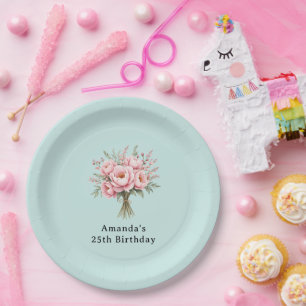 Pretty Pink Peony Flower Bouquet Birthday Paper Plate