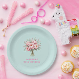 Pretty Pink Peony Flower Bouquet Birthday Paper Plate