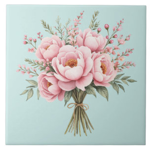 Pretty Pink Peony Flower Bouquet Ceramic Tile