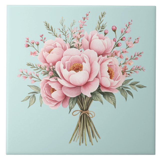 Pretty Pink Peony Flower Bouquet Ceramic Tile (Front)