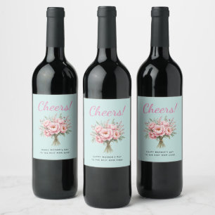 Pretty Pink Peony Flower Bouquet Mother's Day Wine Label