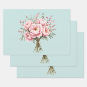 Pretty Pink Peony Flower Bouquet Wrapping Paper Sheet