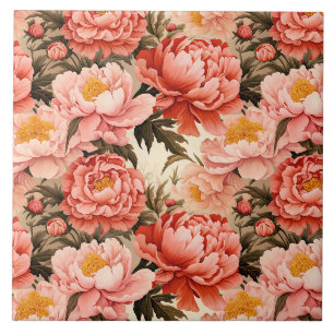 Pretty Pink Peony Vintage Floral Pattern Ceramic Tile