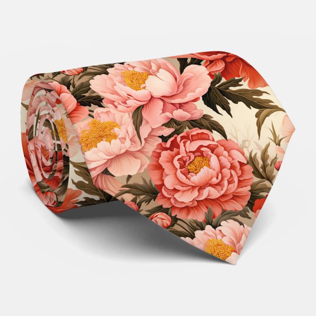 Pretty Pink Peony Vintage Floral Pattern Tie (Rolled)