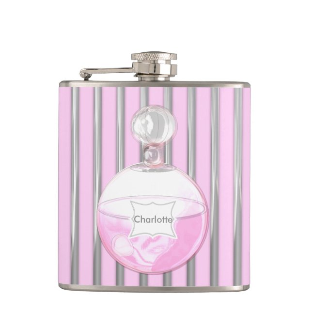 Pretty Pink Perfume Bottle Personalised Hip Flask (Front)