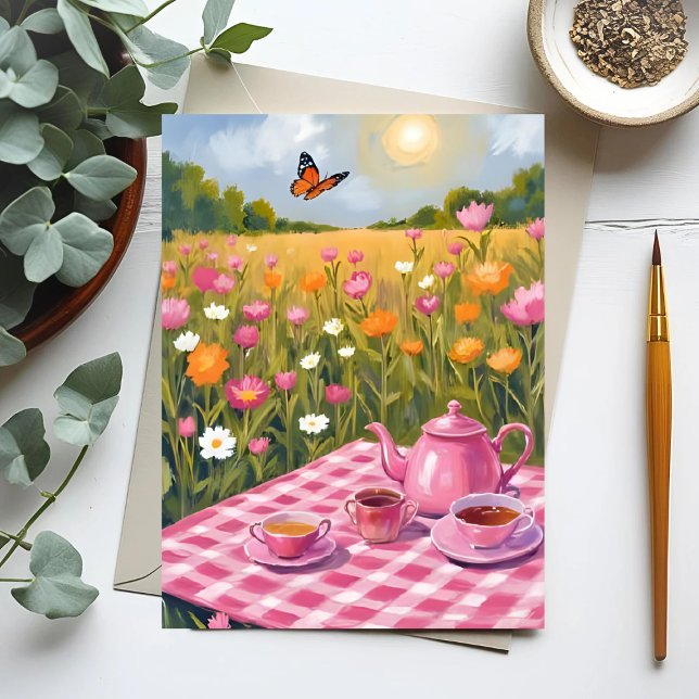 Pretty Pink Picnic | Flower Field Tea Butterfly Postcard (Creator Uploaded)