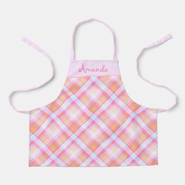 Pretty Pink Plaid Pattern Personalised Kids Apron (Front)