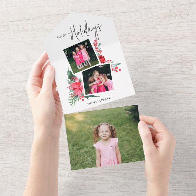 Pretty Pink Poinsettia & Holly 2-Photo  All In One Invitation (Tearaway)