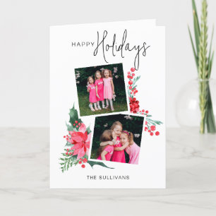 Pretty Pink Poinsettia & Holly 2-Photo  Holiday Card