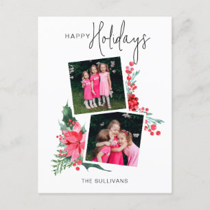 Pretty Pink Poinsettia & Holly 2-Photo  Holiday Postcard