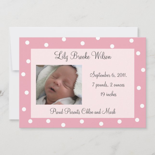 Pretty Pink Polka Dots Birth Announcement (Front)