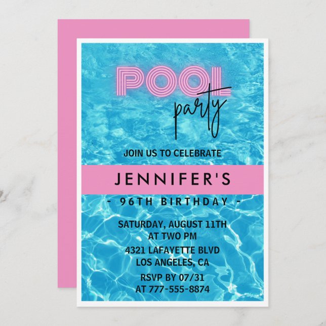 Pretty Pink Pool Party 96th birthday invitations (Front/Back)