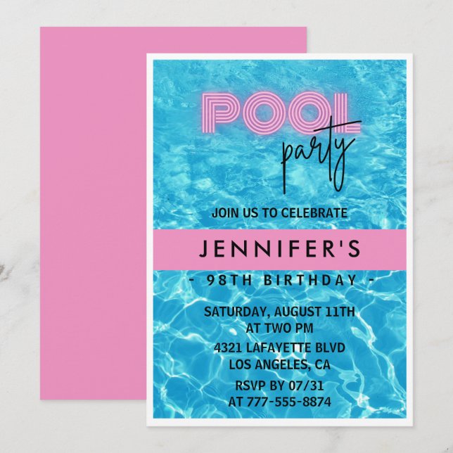 Pretty Pink Pool Party 98th birthday invitations (Front/Back)