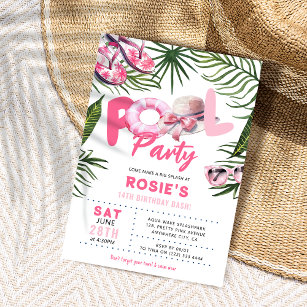 Pretty Pink Pool Party Girl Birthday  Invitation
