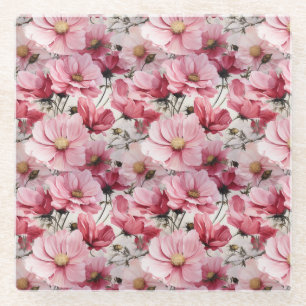 PRETTY PINK POPPY ANEMONE FLOWERS GLASS COASTER