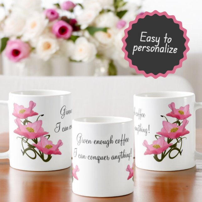 Pretty Pink Poppy Side Border Personalised Text Coffee Mug (mug design as seen from right of the handle, opposite the handle and left of the handle)