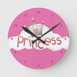 Pretty Pink Princess & Crown on Cloud Round Clock