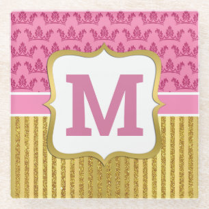 Pretty Pink Princess Crowns & Gold Glitter Stripes Glass Coaster