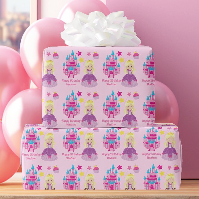 Pretty Pink Princess Girl Custom Birthday Castle Wrapping Paper (Creator Uploaded)