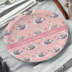 Pretty Pink Princess Swans Baby Girl 1st Birthday Paper Plate