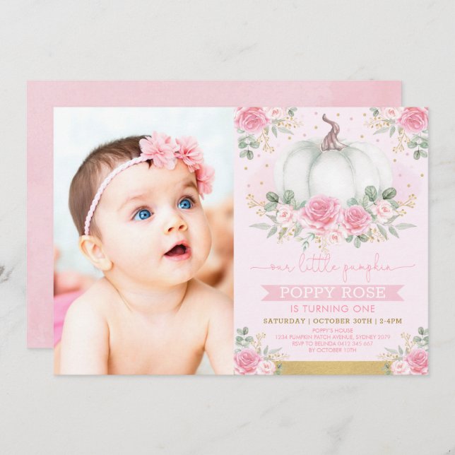 Pretty Pink Pumpkin Fall Floral Greenery Birthday Invitation (Front/Back)