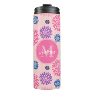 Pretty Pink Purple and Blue Floral Personalised Thermal Tumbler