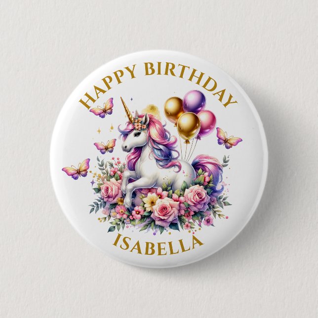 Pretty Pink, Purple and Gold Unicorn Birthday  6 Cm Round Badge (Front)