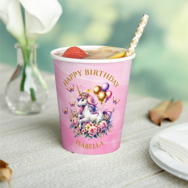 Pretty Pink, Purple and Gold Unicorn Birthday  Paper Cups (Insitu)