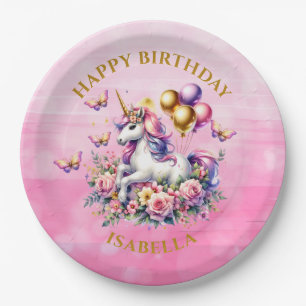 Pretty Pink, Purple and Gold Unicorn Birthday Paper Plate