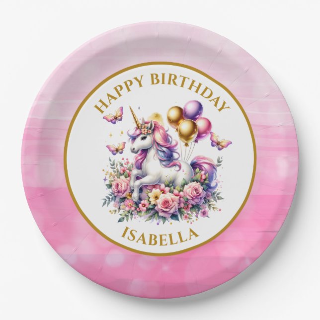Pretty Pink, Purple and Gold Unicorn Birthday  Paper Plate (Front)