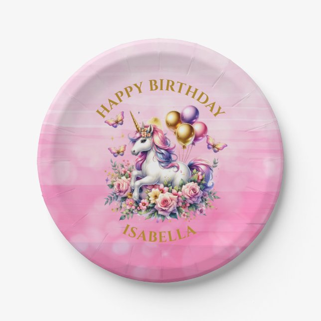 Pretty Pink, Purple and Gold Unicorn Birthday  Paper Plate (Front)