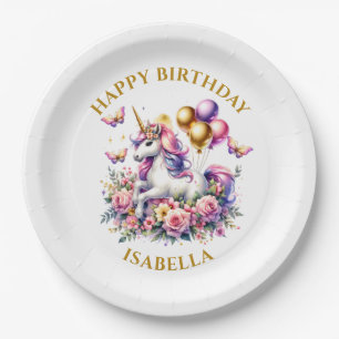 Pretty Pink, Purple and Gold Unicorn Birthday  Paper Plate