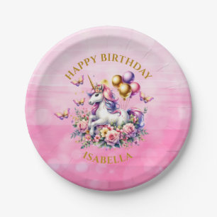 Pretty Pink, Purple and Gold Unicorn Birthday  Paper Plate