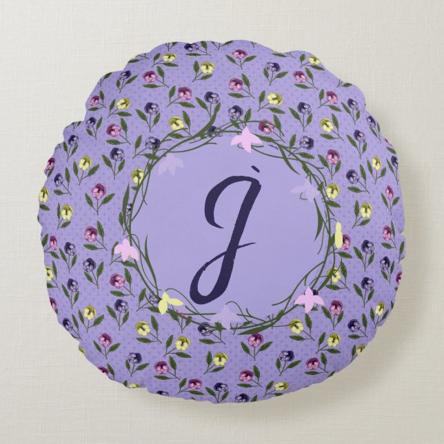 Pretty Pink Purple and Yellow Pansies Round Cushion (Front)