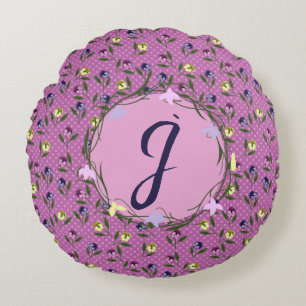 Pretty Pink Purple and Yellow Pansies Round Cushion