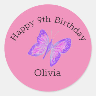 Pretty Pink Purple Birthday Butterfly Illustration Classic Round Sticker