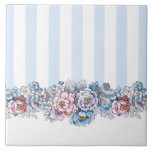Pretty Pink, Purple & Blue Flowers & Stripes Ceramic Tile<br><div class="desc">Pretty vintage-inspired design featuring rows of vertical blue and white stripes with colourful border of pink,  blue and purple flowers with dark outlines.</div>