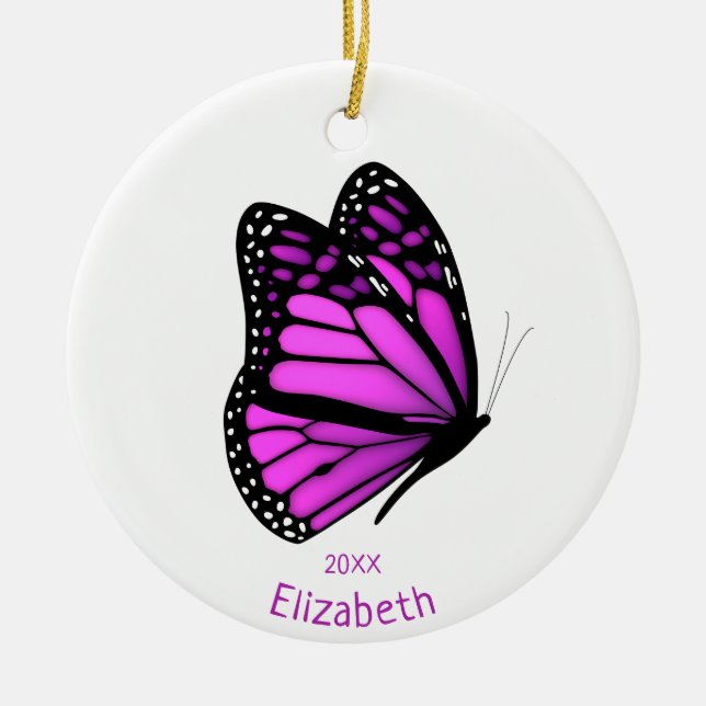 pretty pink purple flitting butterfly personalised ceramic ornament (Front)
