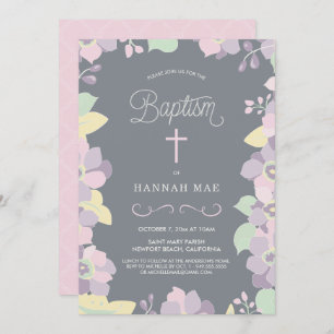 Pretty Pink, Purple Floral Baptism Invite w/ Cross