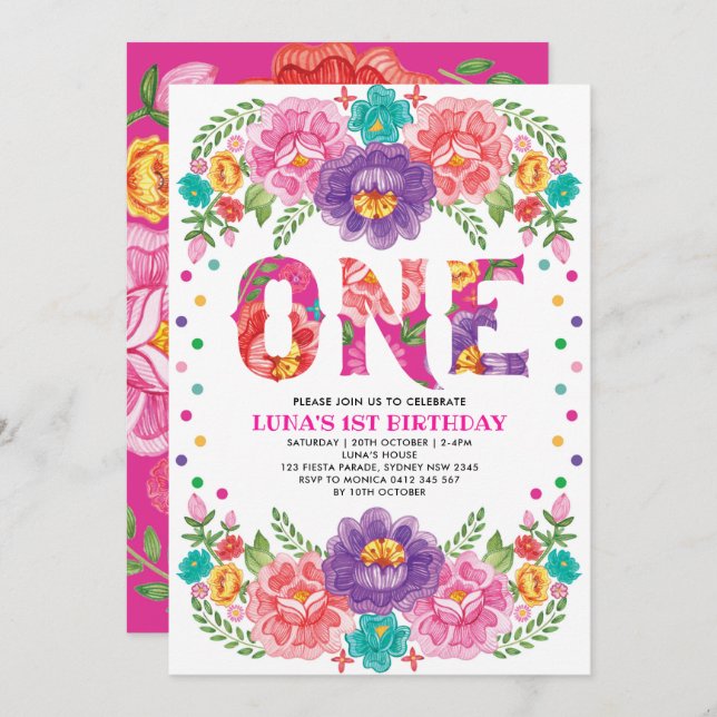 Pretty Pink Purple Floral Fiesta Girl 1st Birthday Invitation (Front/Back)