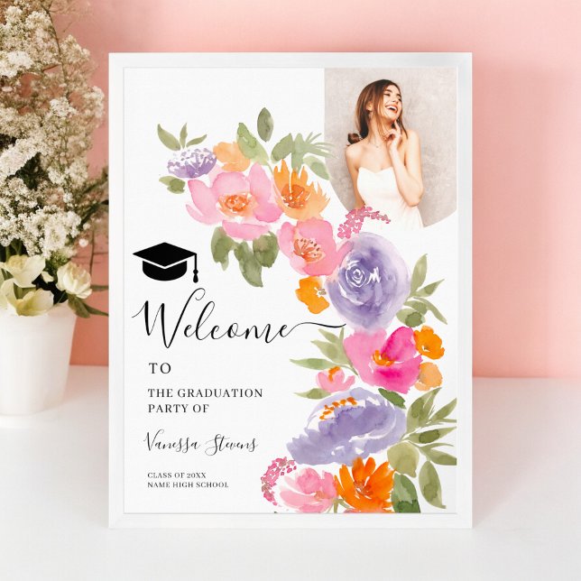 Pretty pink purple floral photo graduation welcome poster (Pretty pink purple floral photo graduation welcome poster)