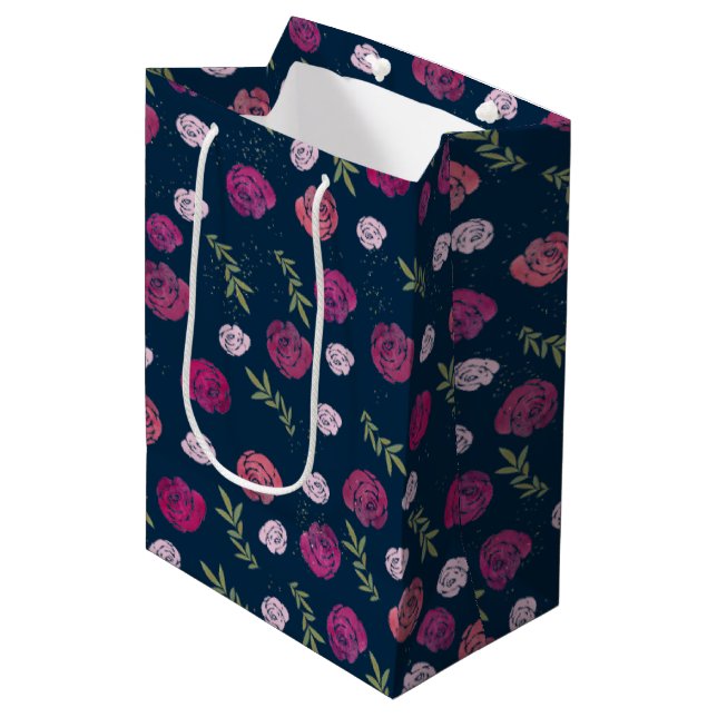 Pretty Pink & Purple Floral Roses Leaves Blue Medium Gift Bag (Front Angled)