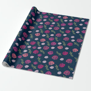 Pretty Pink & Purple Floral Roses Leaves Blue Wrapping Paper