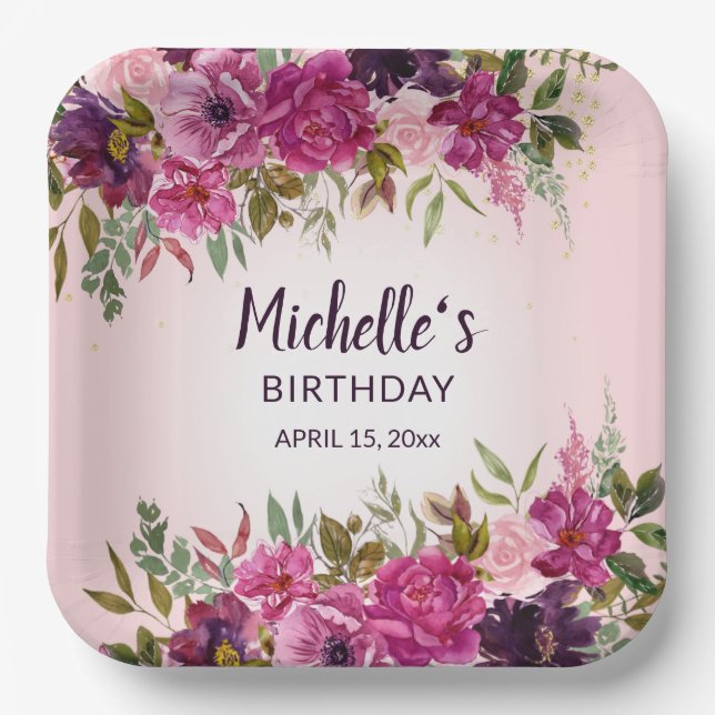 Pretty Pink Purple Floral Women's Girls' Birthday Paper Plate (Front)
