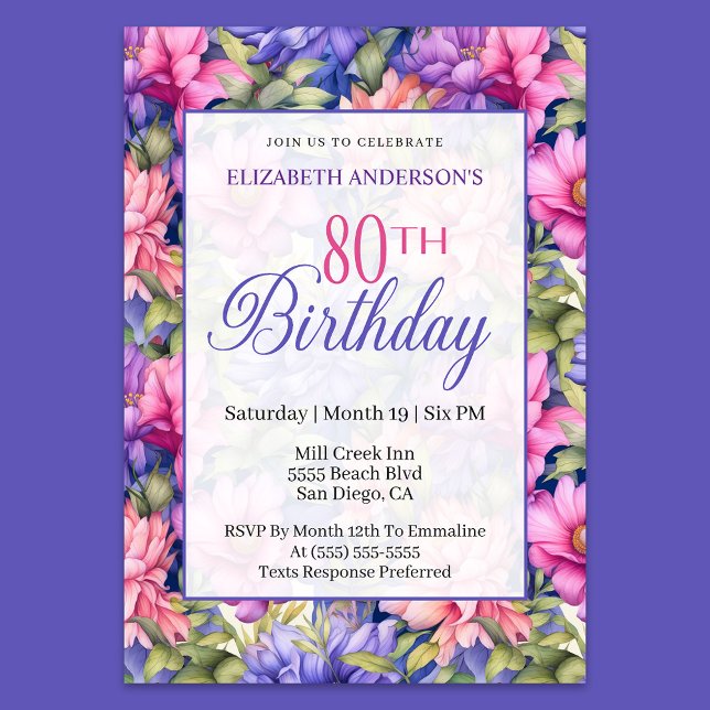 Pretty Pink Purple Garden Flowers 80th Birthday  Invitation (Creator Uploaded)